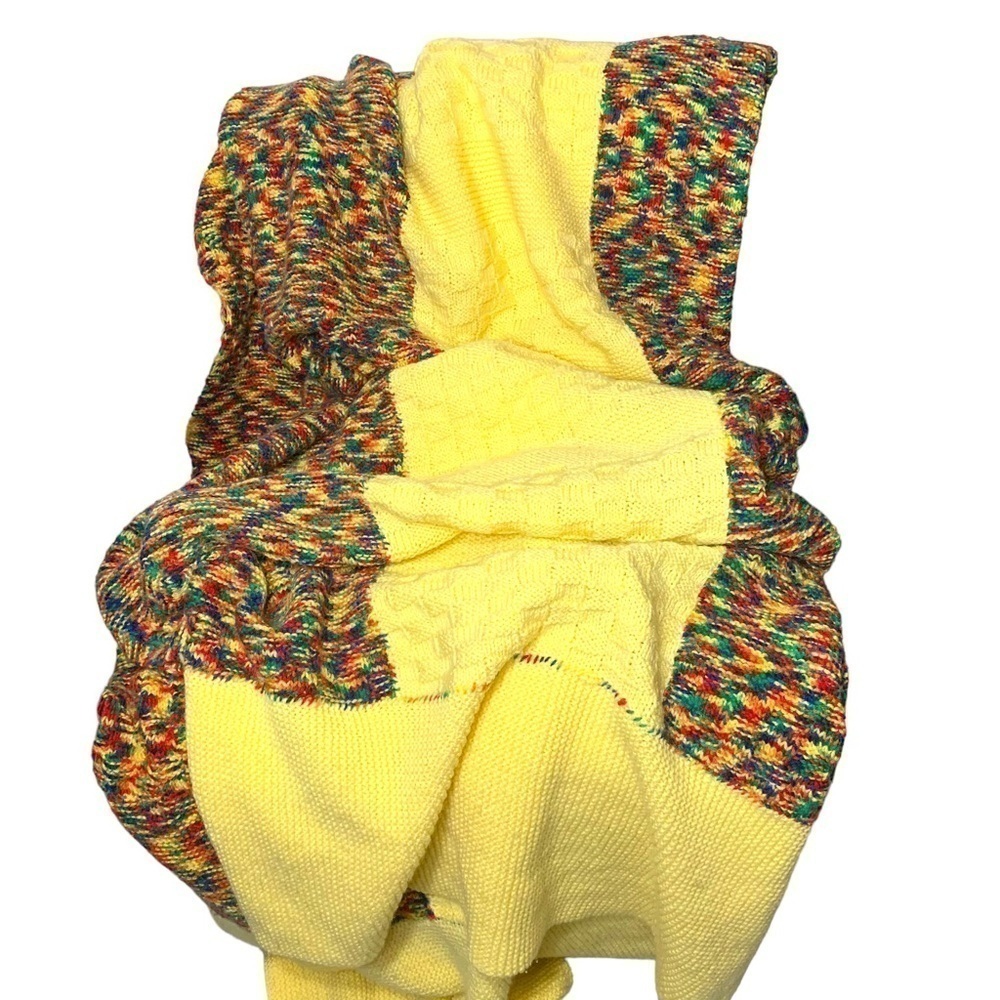 Vintage Handknit Large Yellow Multicolored Cottage Blanket Bed Cover 90"x110"